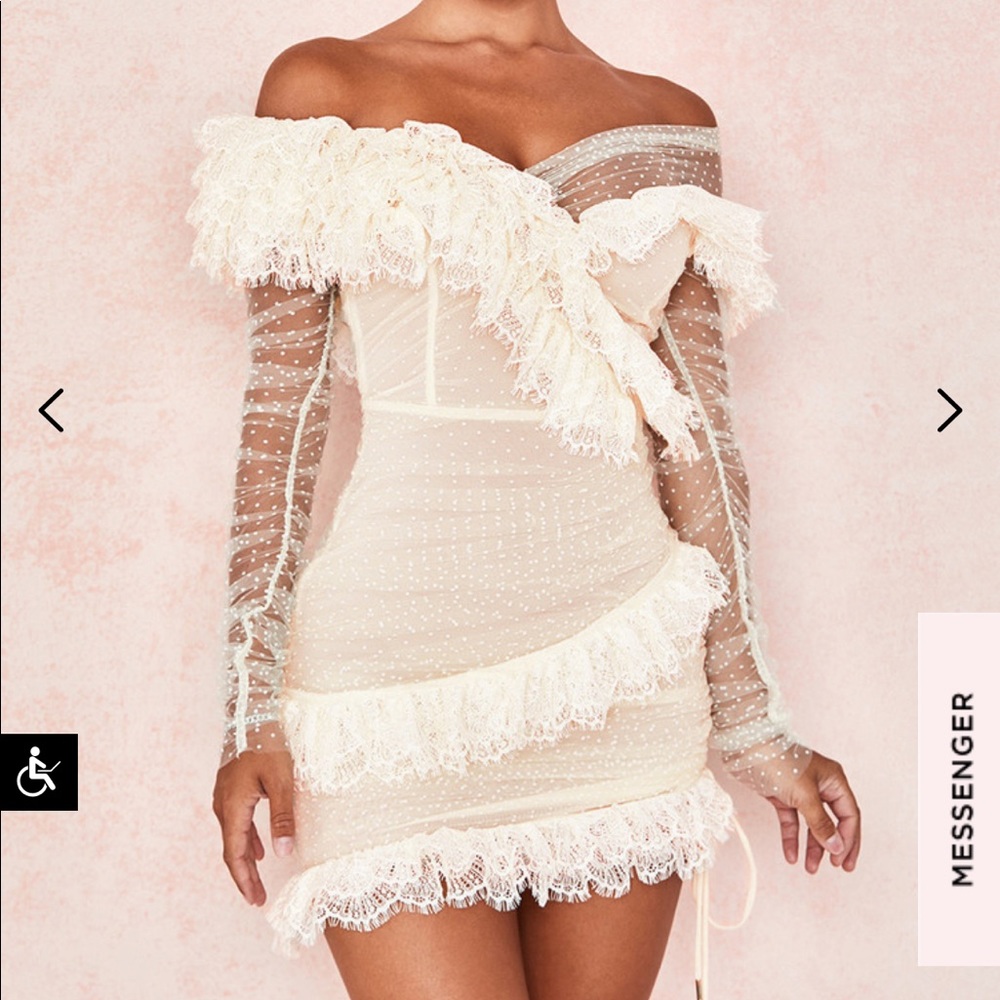 ISO House of CB Sorrel ivory lace frill mini dress!!!